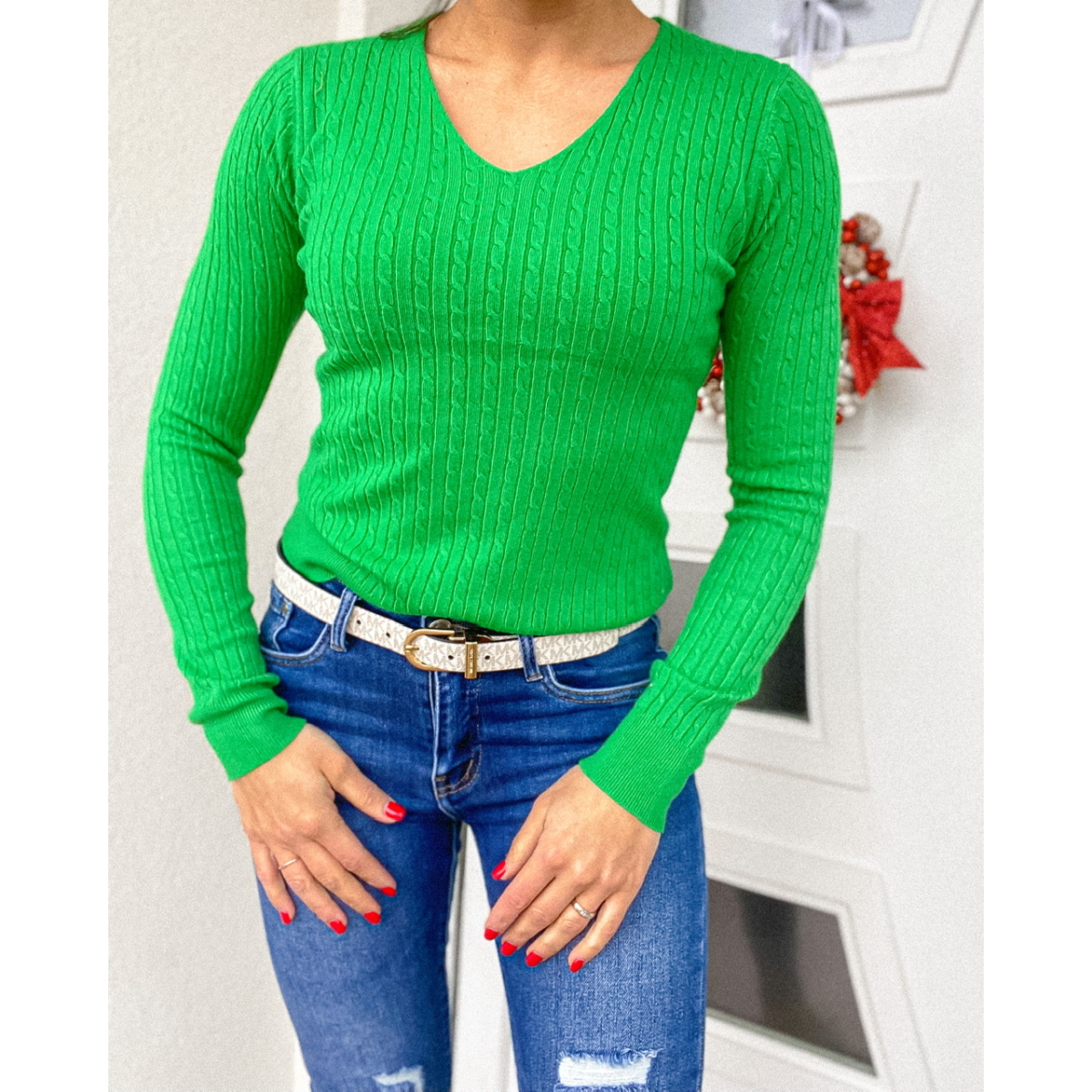 MILKY puha kötésű bordázott pulóver V nyakkal - Zöld