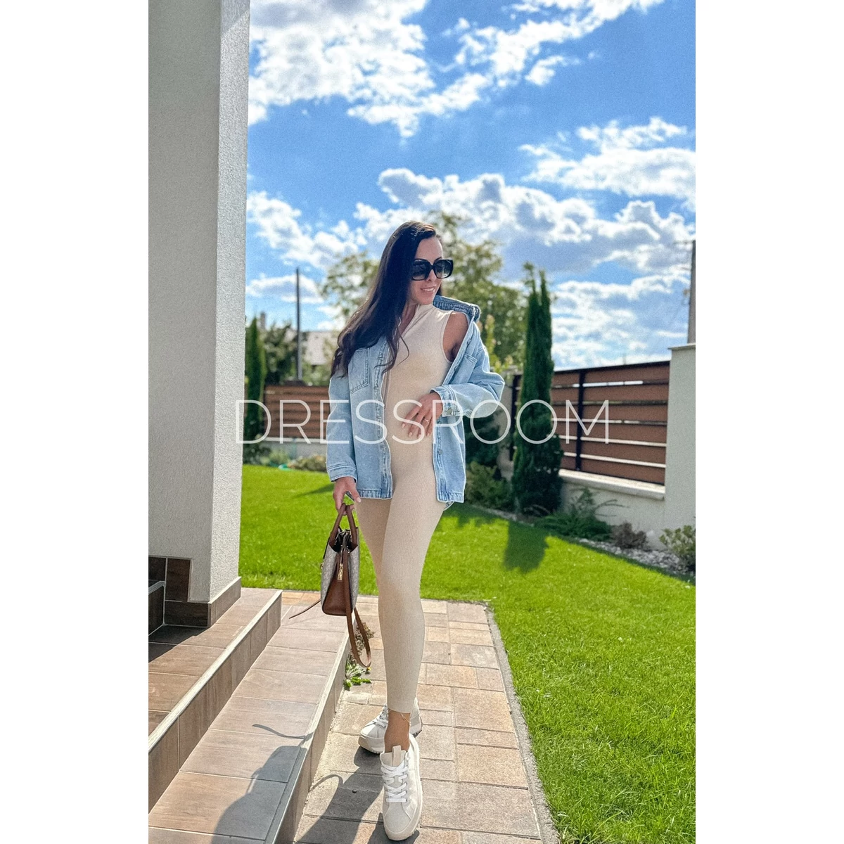 BASIC bordázott overall - Beige - Zip