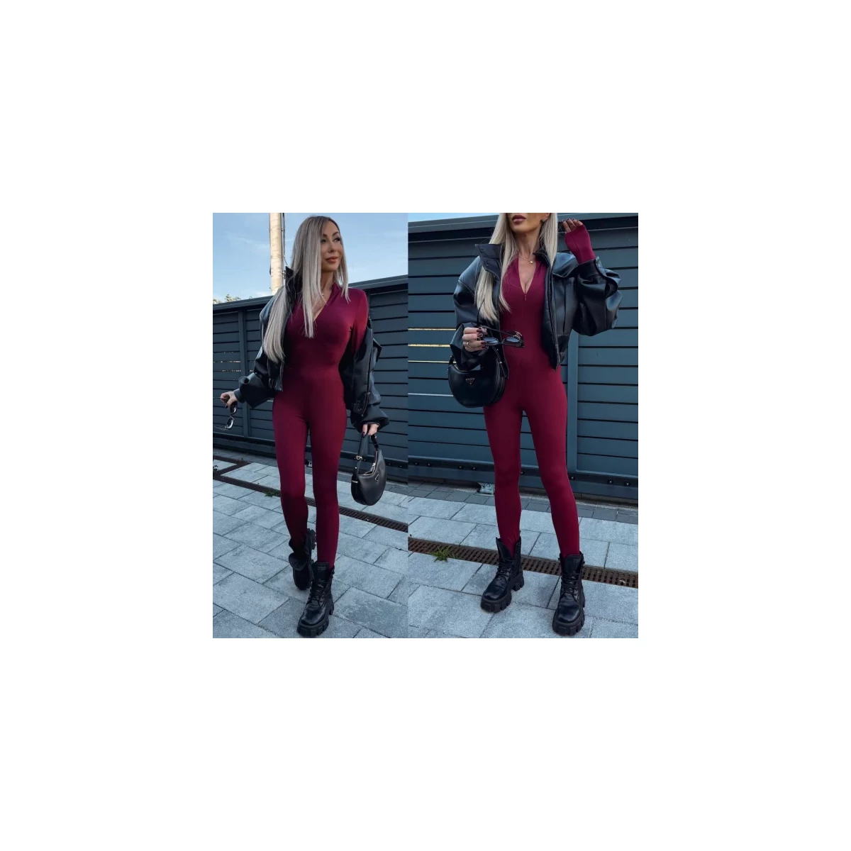 BASIC bordázott overall - Burgundi - Hosszúujjú