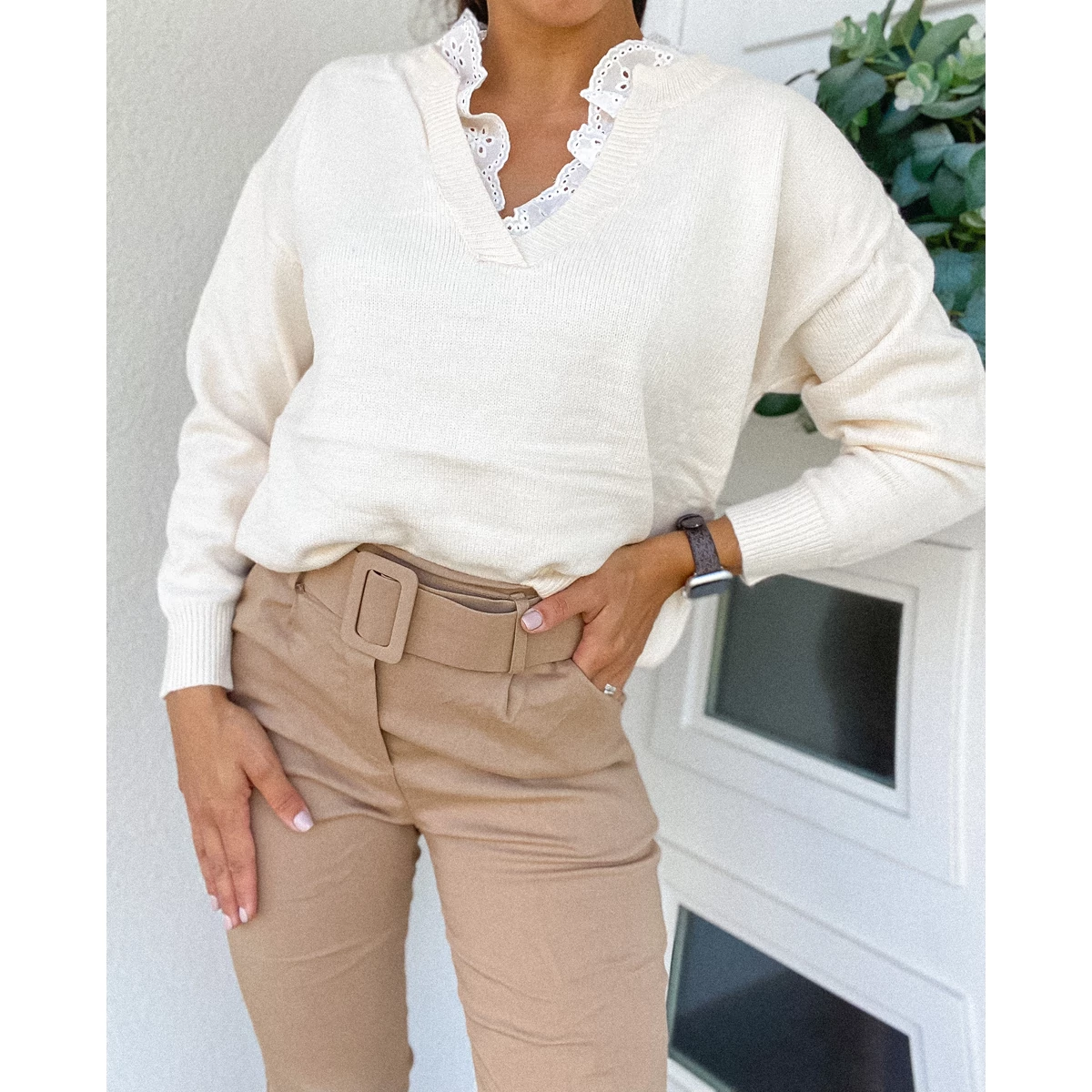 BIBI kötött pulóver madeirával - Beige