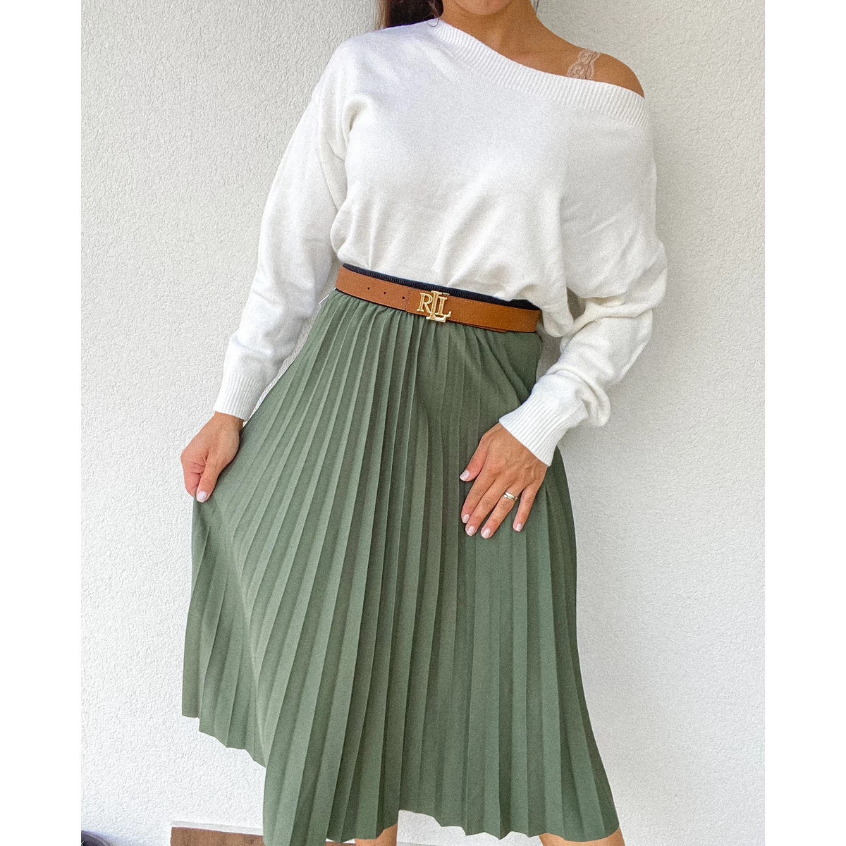 SOFIA plisszirozott midi szoknya- Khaki